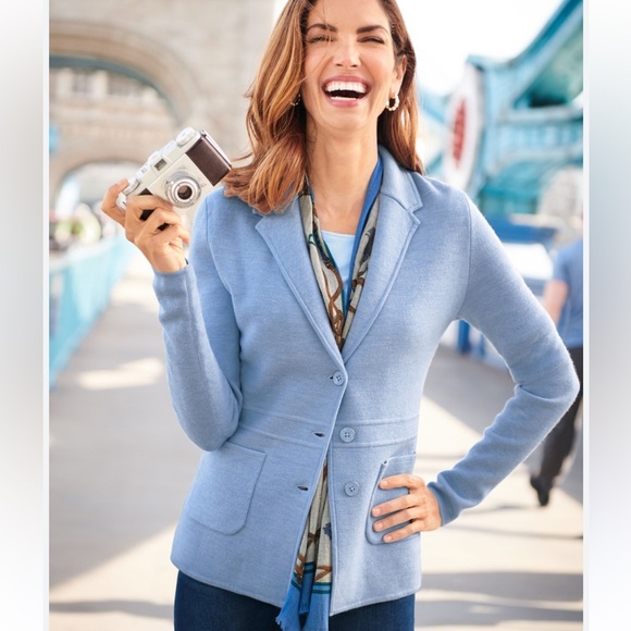 Talbots Indigo Blue Cotton 3 Button Blazer Patch Pockets Jacket Womens Size Med - Picture 12 of 14